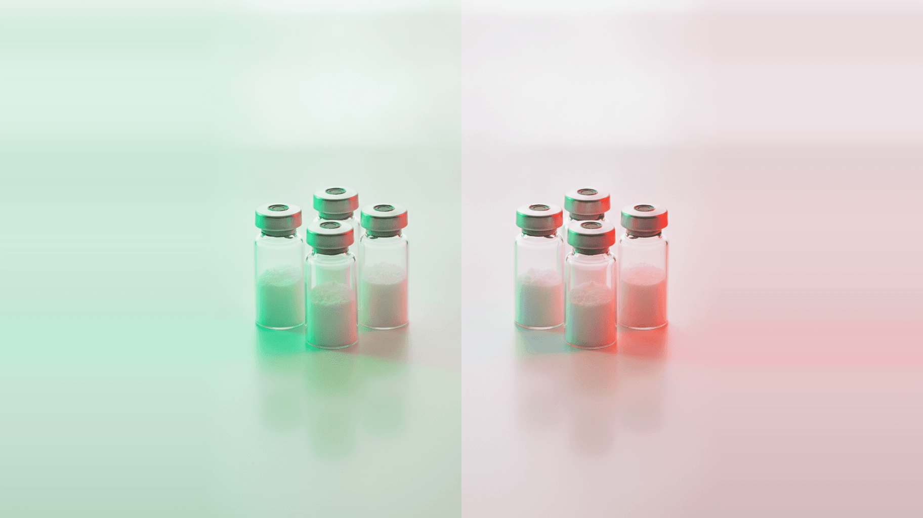 A single vial in sharp focus in the foreground with a row of identical vials blurred behind it — illustrating the patient-specific, prescription-bound nature of 503A pharmacy compounding versus larger-batch production.