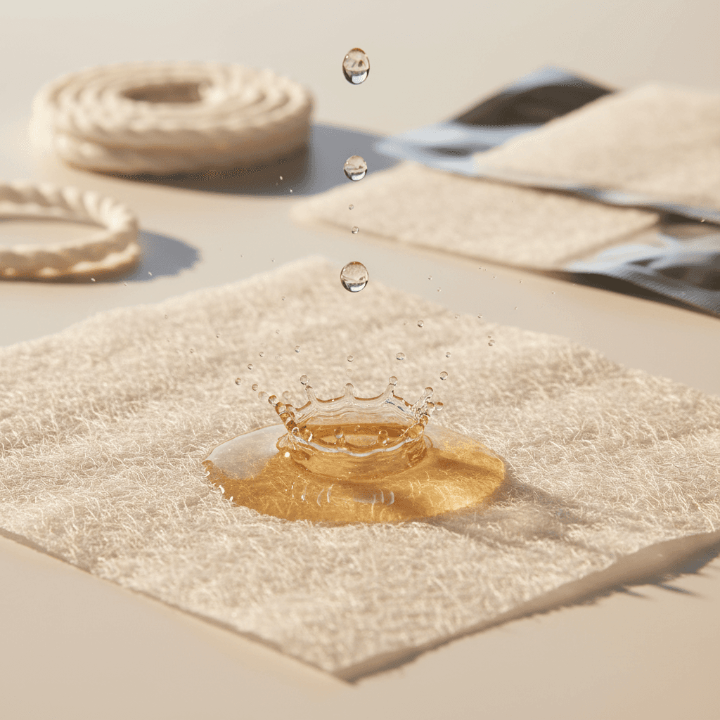 Calcium alginate dressing sheet absorbing exudate with gel formation on contact, rope alginate variant in background