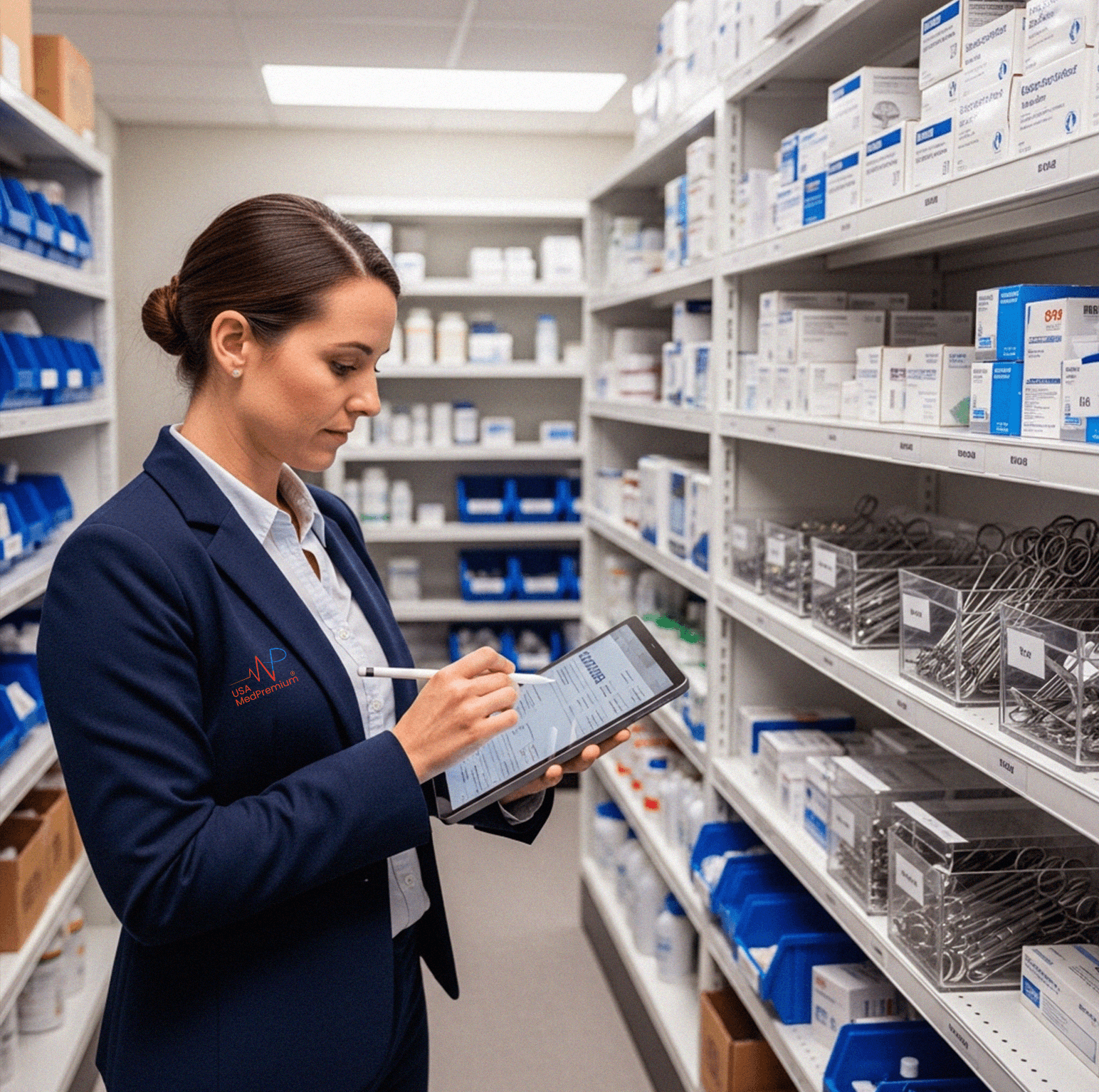 USA MedPremium compliance specialist conducting an inventory audit on a tablet in a medical supply warehouse