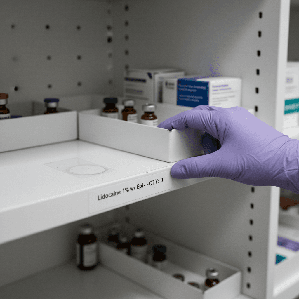 Gloved hand pulling open an empty lidocaine shelf bin labeled Lidocaine 1% w/ Epi — QTY: 0 in a medical supply cabinet