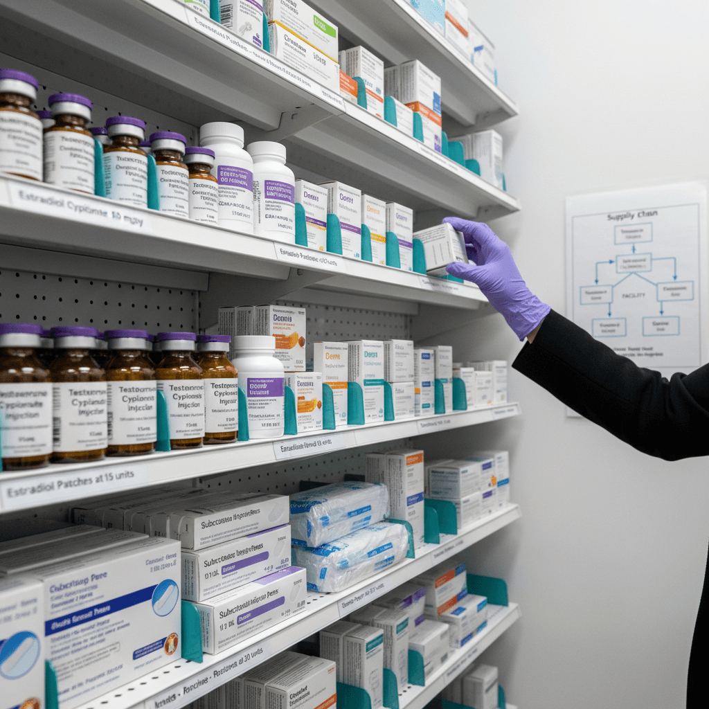 Pharmacy technician reaching for hormone therapy products on shelves stocked with estradiol patches, injectable vials, and oral medications alongside a supply chain workflow diagram