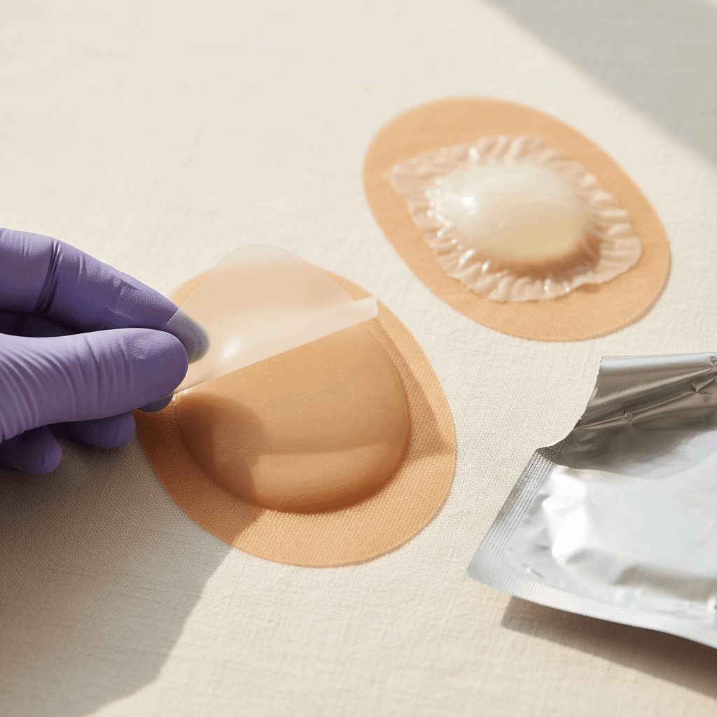 Gloved hand peeling back a hydrocolloid dressing showing gel formation from exudate absorption with sterile packaging nearby