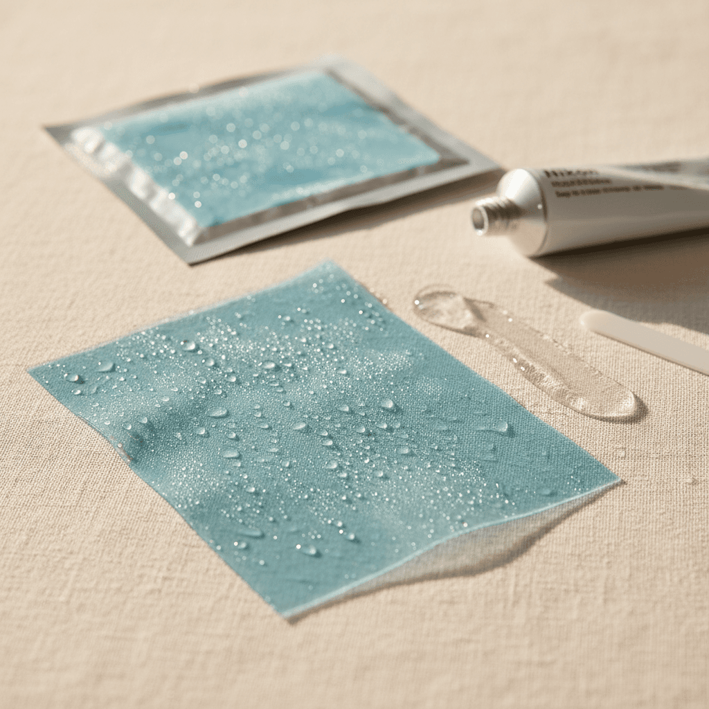 Hydrogel sheet dressing and amorphous gel tube on a clinical surface showing moisture-donating properties