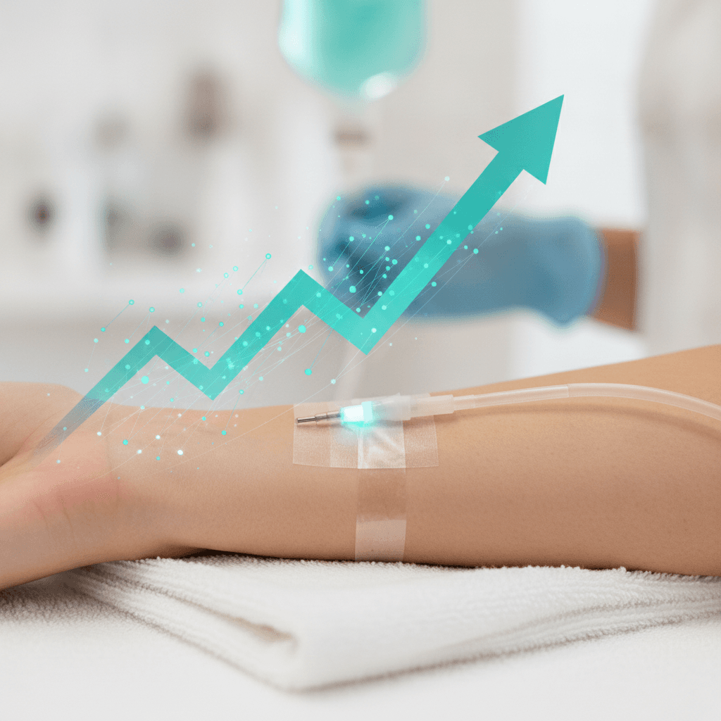 An upward-trending growth chart for the IV hydration therapy market alongside clinical IV infusion imagery — illustrating rising demand and expanding mobile and at-home delivery.