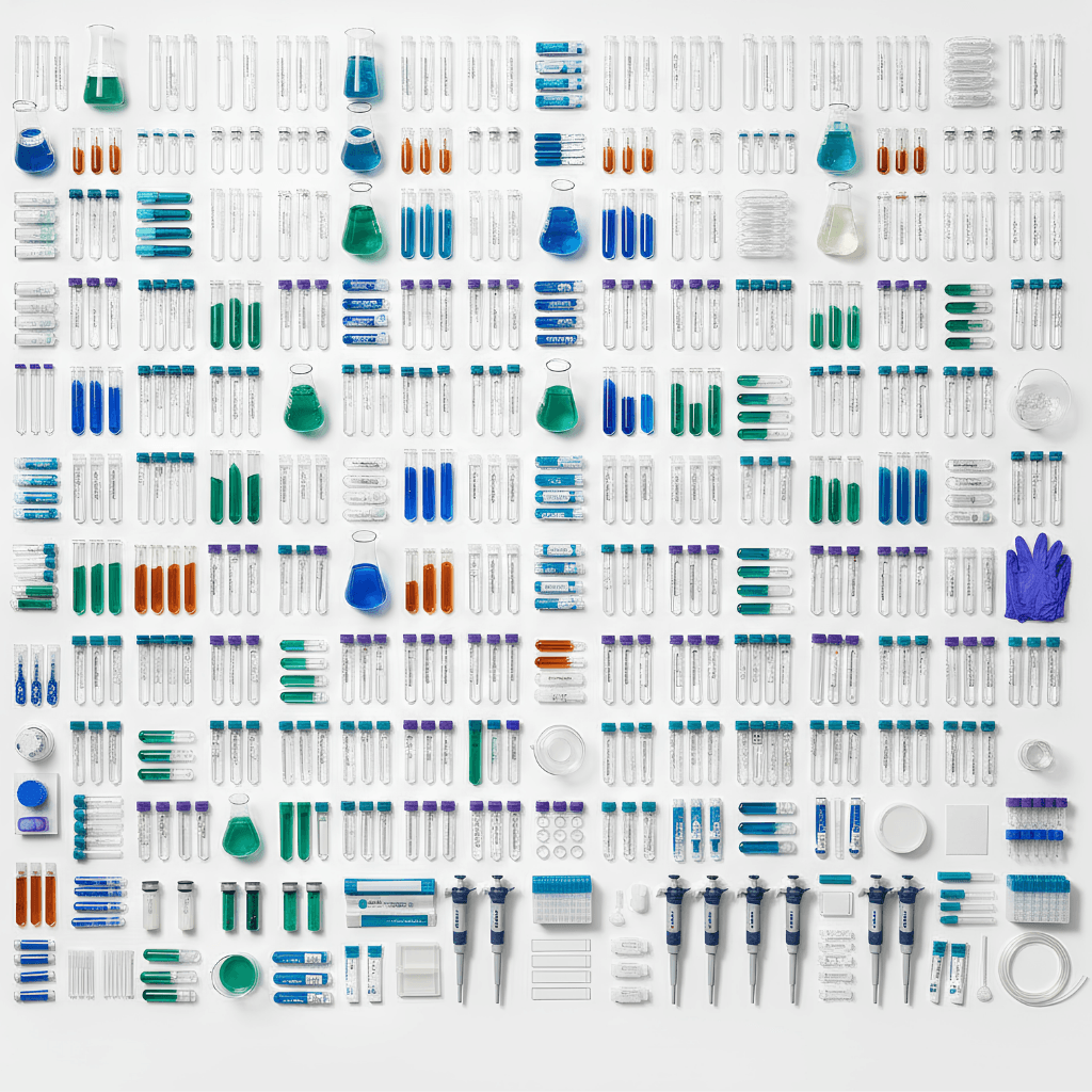 A dense, organized grid of laboratory supplies — test tubes, pipettes, microcentrifuge tubes, gloves, microplates, and reagent vials — illustrating the breadth and complexity of categories a clinical lab must source