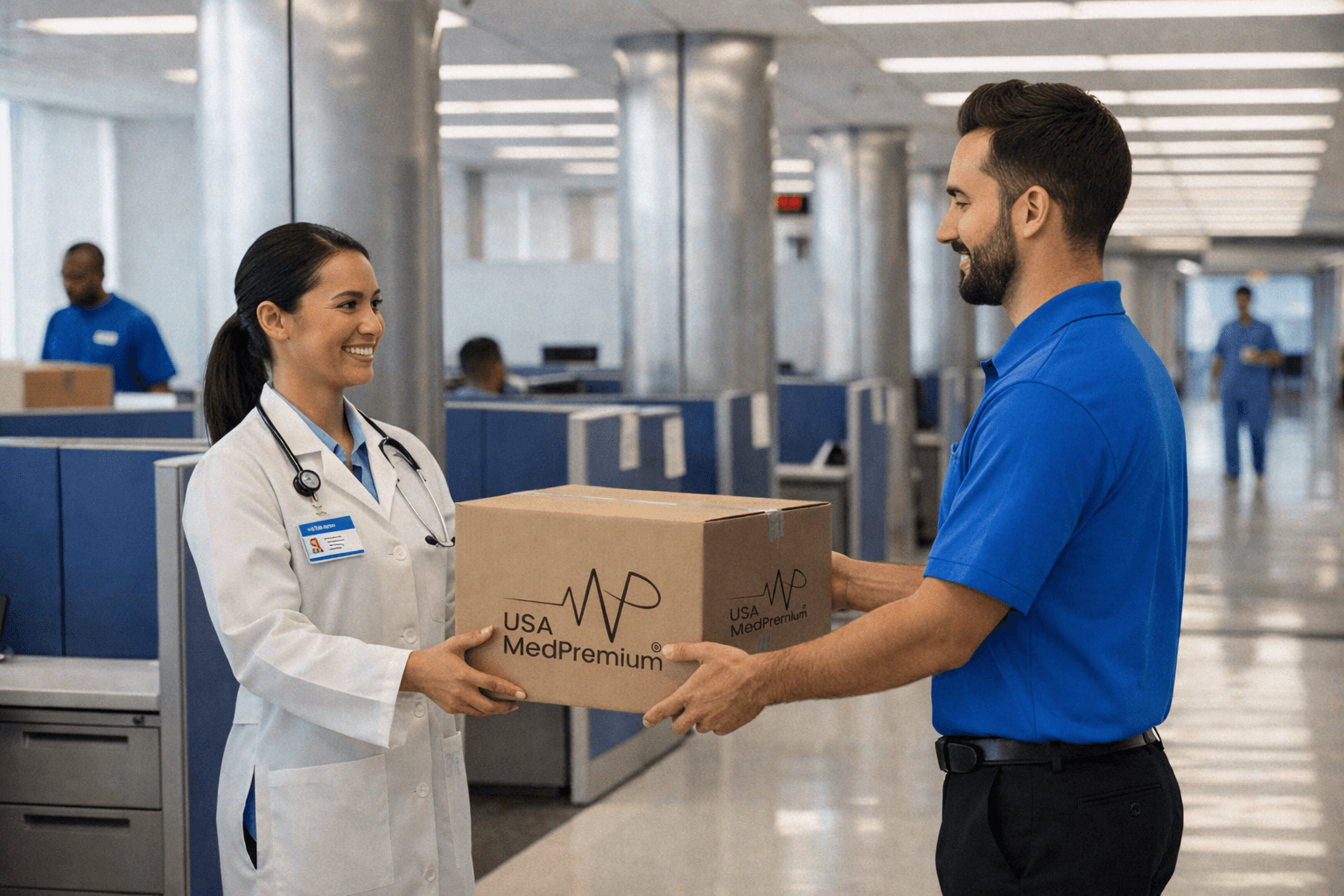 USA MedPremium delivery representative handing a package to a healthcare provider in a hospital setting