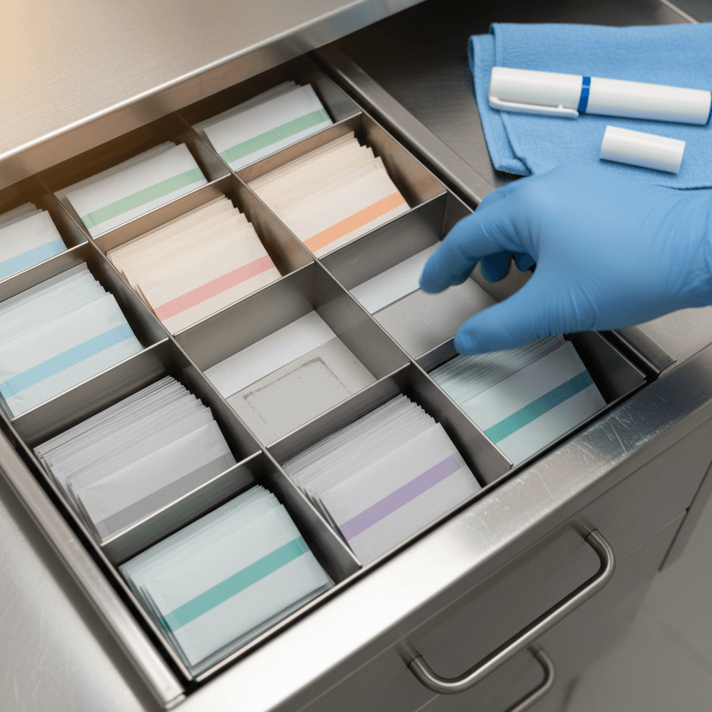 A nurse reaching for a pen needle box at a medical practice supply shelf where the gauge and length do not match the patient’s insulin pen device, illustrating the mismatch that stalls diabetes care at the point of service