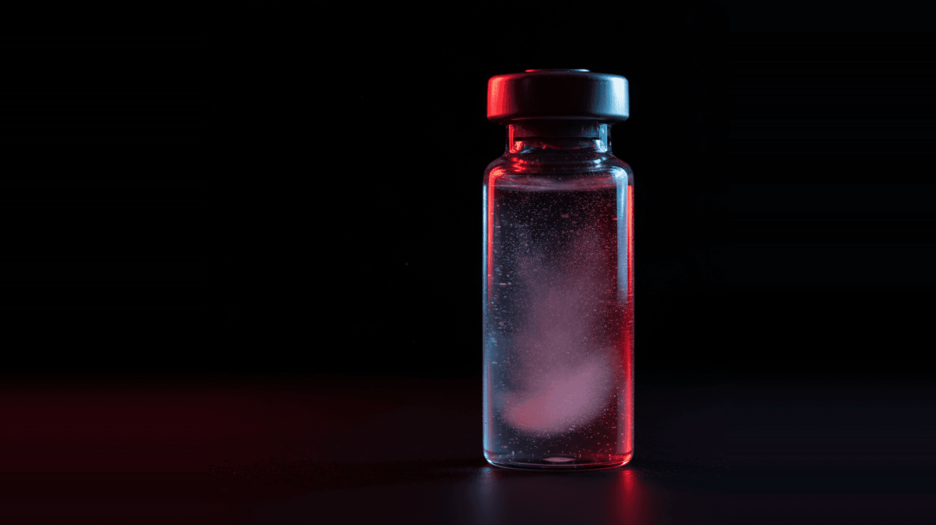 A single glass vial of cloudy, particulate-laden liquid lit in red against a dark background — evoking the contamination and sterility risks of gray-market “research use only” injectable peptides.