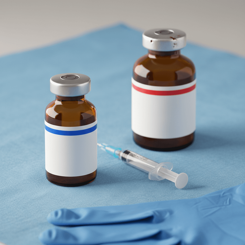 Preservative-free injectable vials segregated from multi-dose preserved formulations in a pharmacy inventory, illustrating the clinical distinction between formulation types