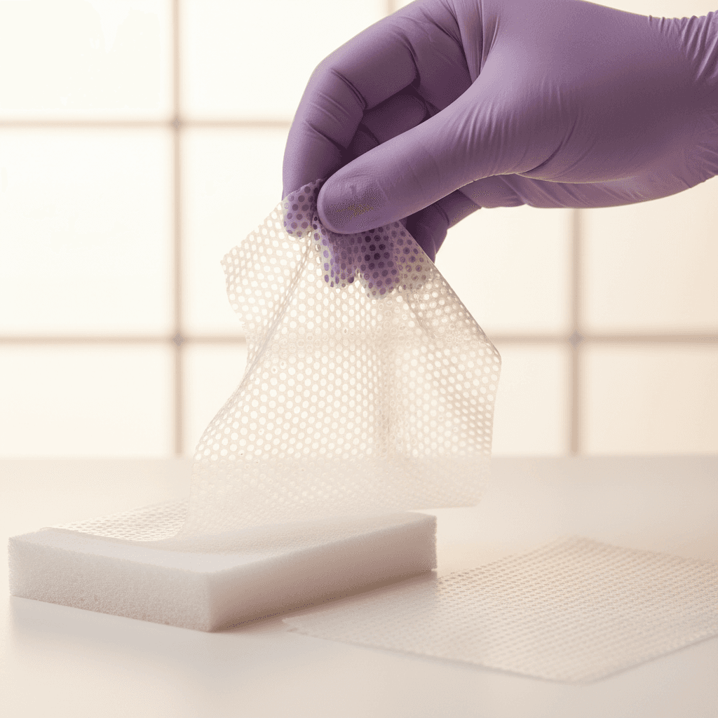 Gloved hand lifting a soft silicone contact layer mesh dressing with a secondary absorbent foam pad on a clinical surface