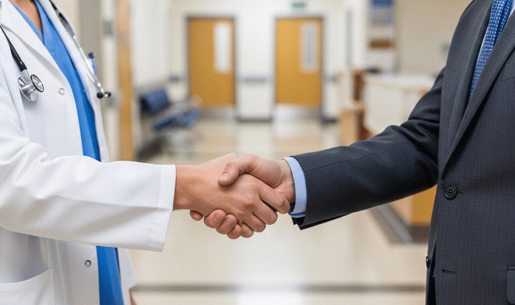 Healthcare provider and business partner shaking hands in a hospital corridor