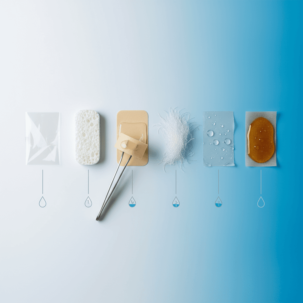 Seven wound dressing types arranged in a row with moisture absorption indicators showing transparent film, foam, hydrocolloid, alginate, hydrogel, silver antimicrobial, and honey-based dressings