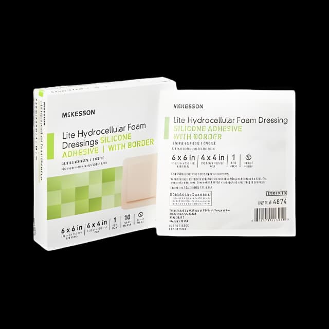 Thin Foam Dressing McKesson Lite 6 X 6 Inch With Border Film Backing Silicone Gel Adhesive Square Sterile