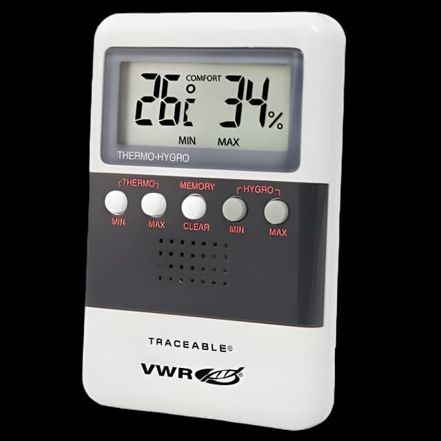 Digital Thermometer / Hygrometer VWR® Fahrenheit / Celsius 32° to 122°F (0° to 50°C) Solid State Sensor Flip-out Stand / Wall Mount Battery Operated