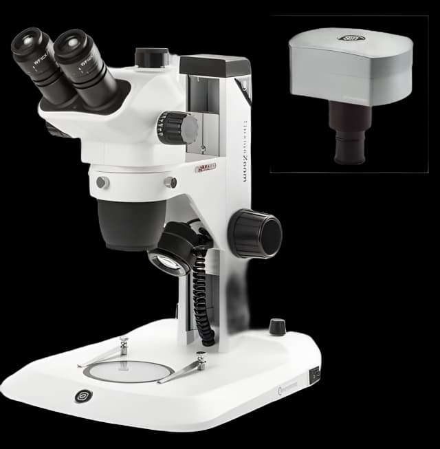 Nexius Zoom EVO Stereo Microscope Bundle Trinocular Head Plan Achromatic 0.65X to 5.5X Zoom with Clip Stops 120 to 240VAC Plain Stage with Clips and Clear Plates - ENZ-1703-S-DC18