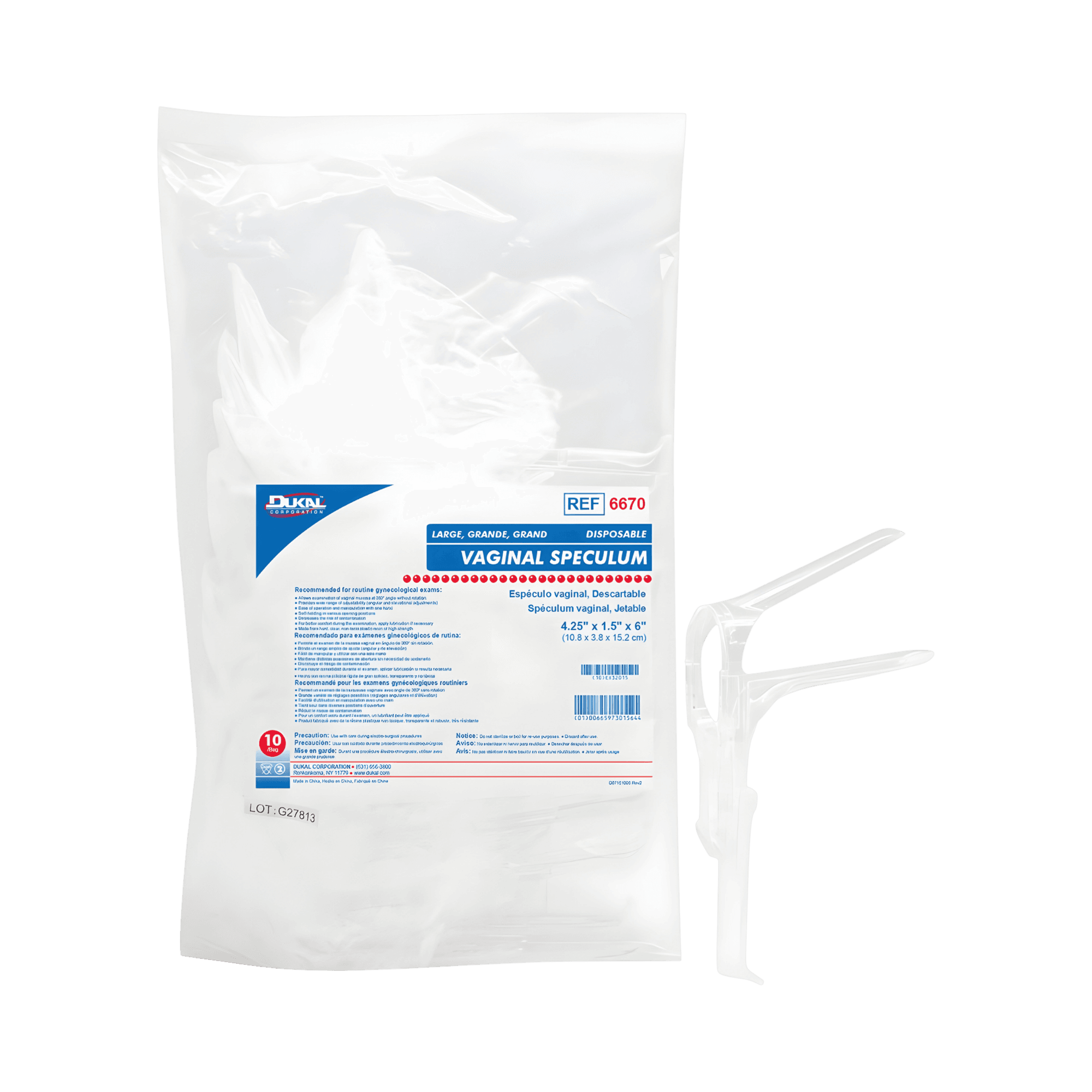 Vaginal Speculum Dukal™ Graves NonSterile Office Grade Plastic Large Double Blade Duckbill Disposable Without Light Source Capability