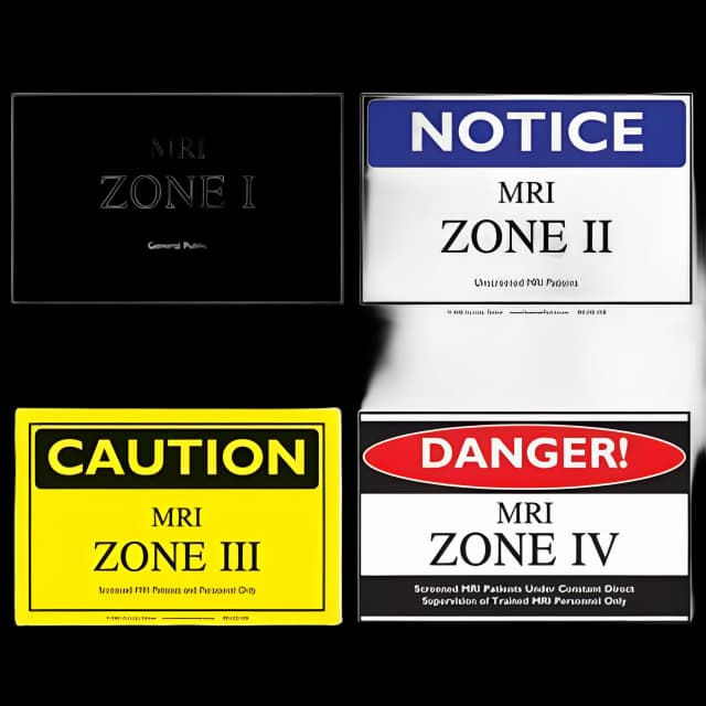 MRI Zone Signs Caution Newmatic Medical MRI Zone I, Notice MRI Zone II, Caution MRI Zone III, Danger MRI Zone IV