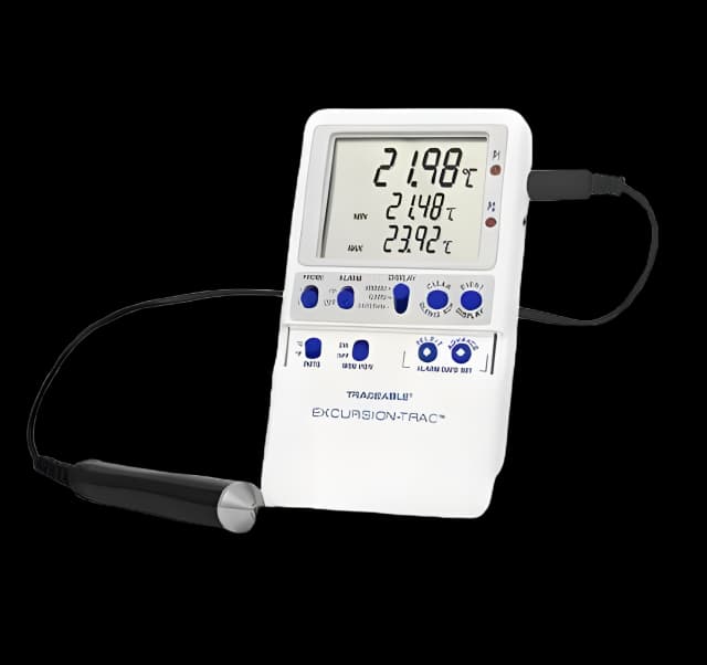 Datalogging Refrigerator / Freezer Thermometer with Alarm Traceable® Excursion-Trac™ Celsius -58° to +158°F (-50° to +70°C) Stainless Steel Probe Multiple Mounting Options Battery Operated
