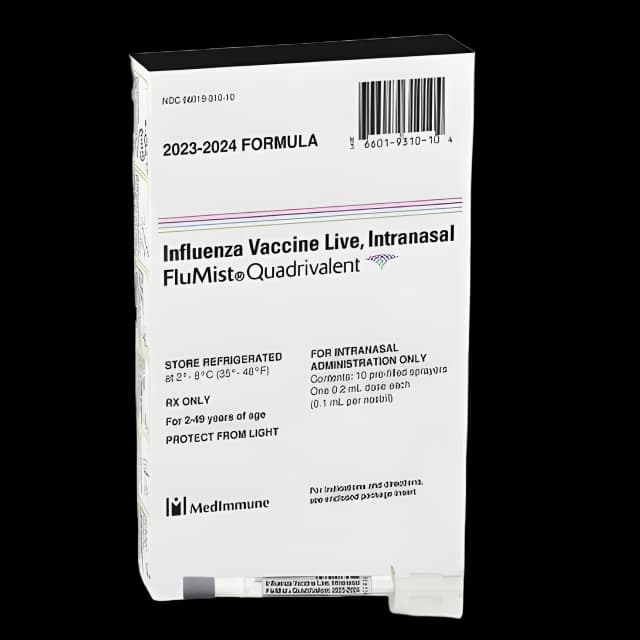 FluMist® Quadrivalent 2023 - 2024 Flu Vaccine 10E6.5 - 7.5 FFU Indicated for People 2 to 49 Years of Age Intranasal Sprayer 0.2 mL