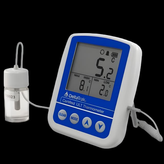Digital Refrigerator / Freezer Thermometer with Alarm FlashCheck® Fahrenheit / Celsius -58° to +158°F (-50° to +70°C) Glycol Bottle Probe Multiple Mounting Options Battery Operated
