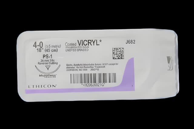 Absorbable Suture with Needle Coated Vicryl™ Polyglactin 910 PS-1 3/8 Circle Reverse Cutting Needle Size 4 - 0 Braided - J682H