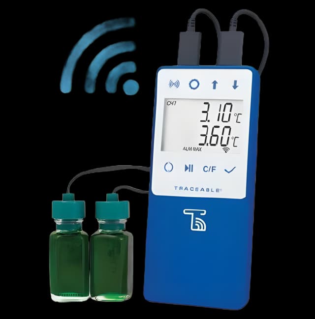 Datalogging Refrigerator / Freezer Thermometer with Alarm TraceableLIVE® Fahrenheit / Celsius -58° to +140°F (-50° to +60°C) 2 Glycol Bottle Probes Multiple Mounting Options Battery Operated