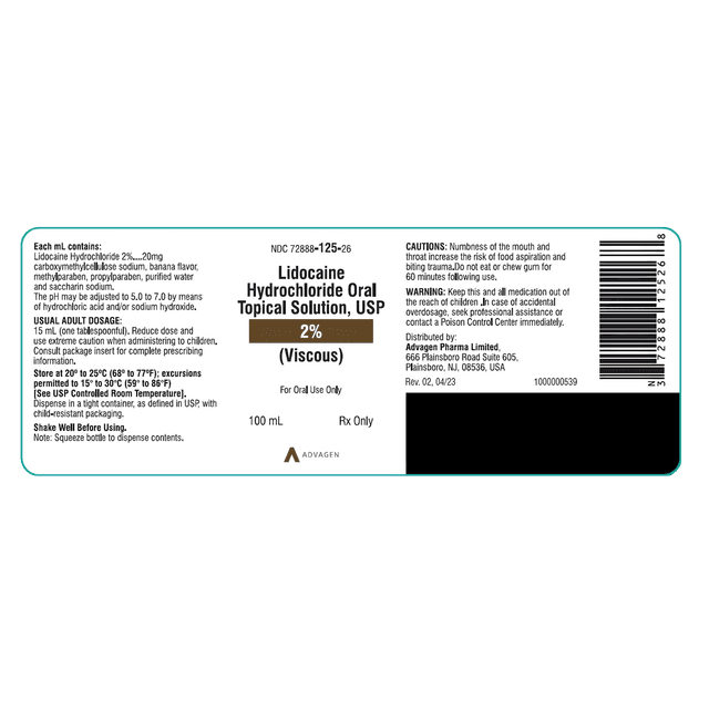 Lidocaine HCl 2% Oral Topical Solution Bottle 100 mL - 72888012526