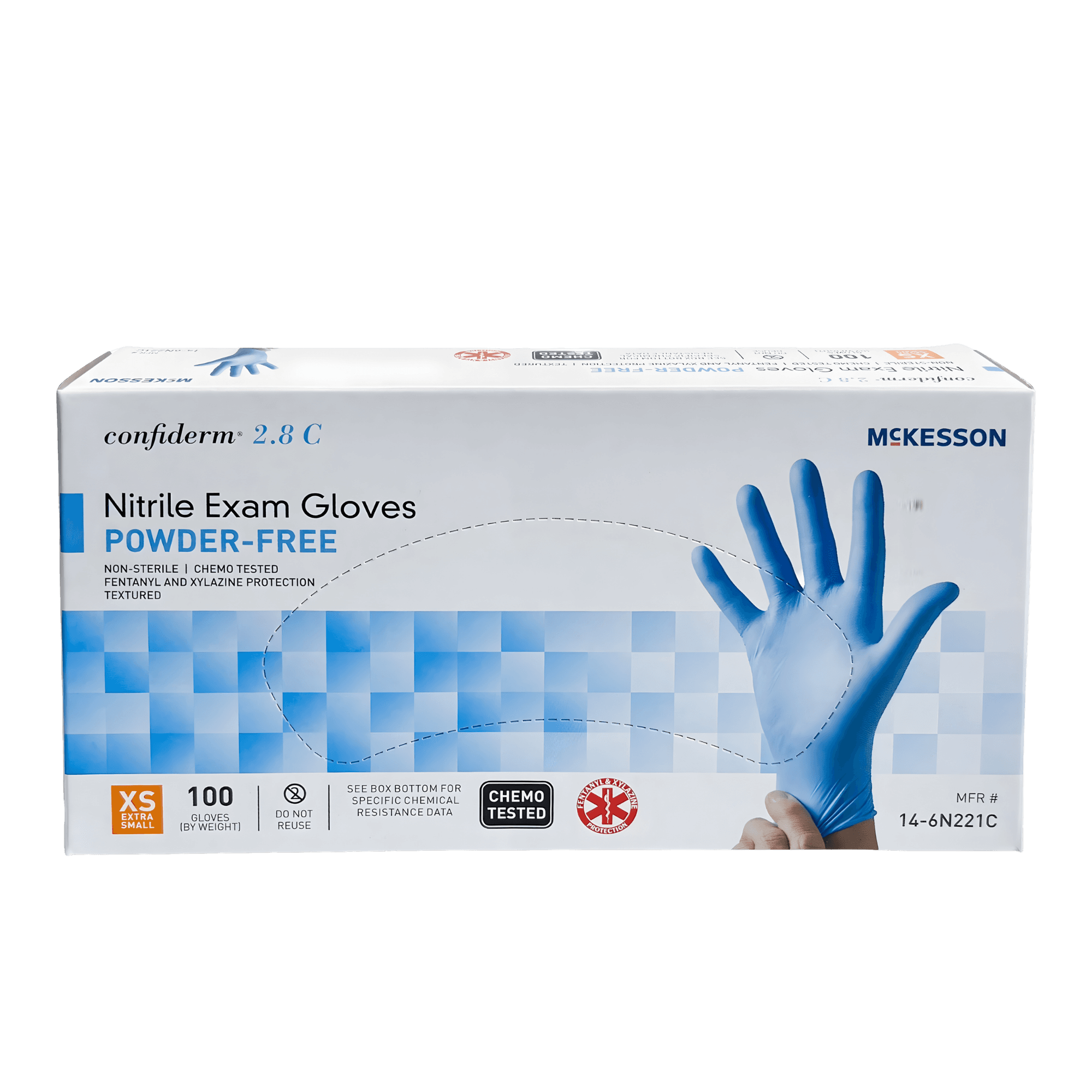 Nitrile Exam Glove McKesson Confiderm® 2.8 C X-Small NonSterile, Standard Cuff Length Textured Fingertips, Blue Chemo Tested / Fentanyl Tested, 100/BX, 10 bx/cs