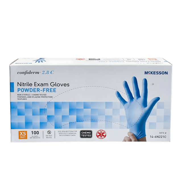 Nitrile Exam Glove McKesson Confiderm® 2.8 C X-Small NonSterile, Standard Cuff Length Textured Fingertips, Blue Chemo Tested / Fentanyl Tested, 100/BX, 10 bx/cs