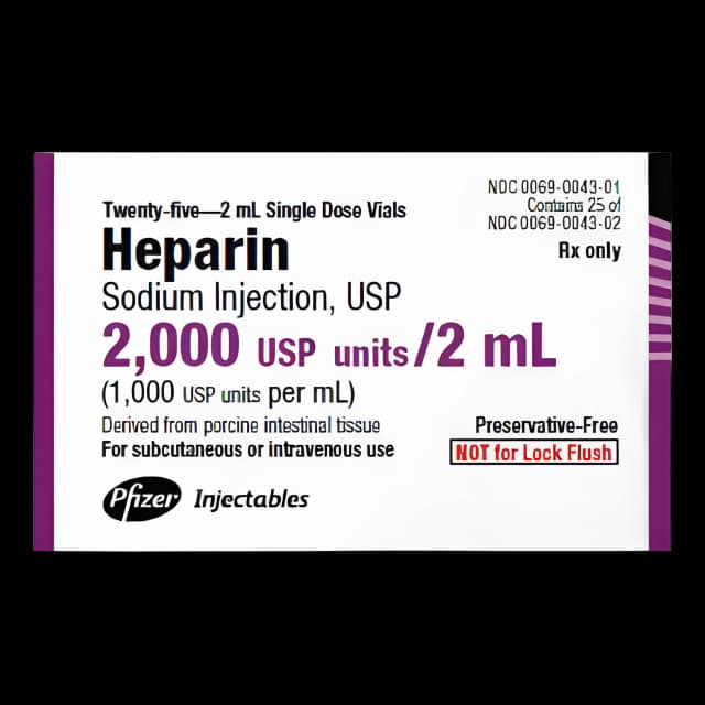 Heparin Sodium, Porcine, Preservative Free 1,000 U / mL Injection Single-Dose Vial 2 mL - 00069004301