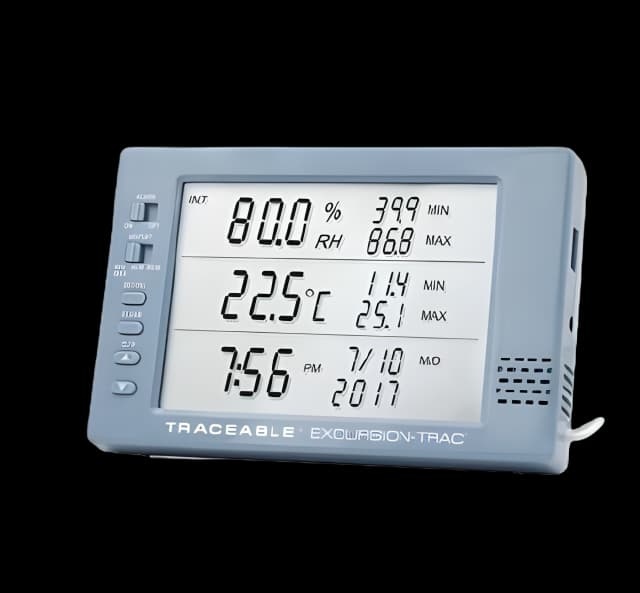 Hygrometer / Temperature Data Logger with Alarm Traceable® Excursion-Trac™ Fahrenheit / Celsius 32° to 145°F (0 to 65°C) Internal Sensor Multiple Mounting Options Battery Operated