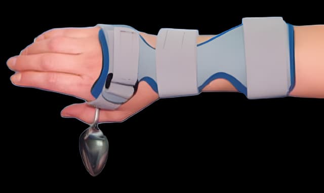 Wrist Drop Orthosis with Utensil Holder Deluxe Plastic / Foam Left Hand Blue / Gray Large