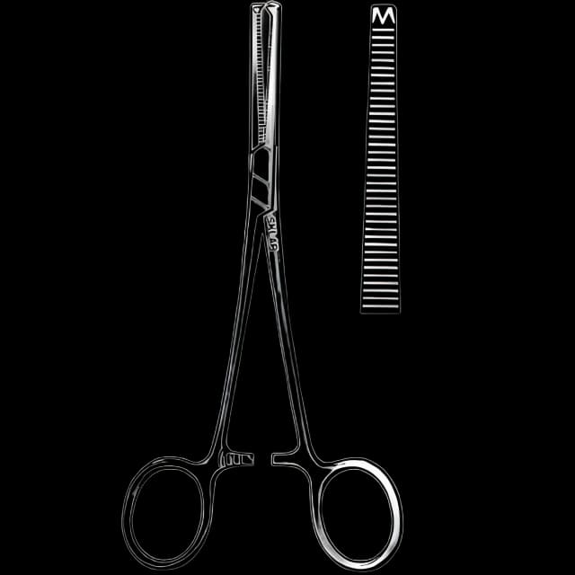 Hemostatic Forceps Sklar® Rochester-Ochsner (Kocher) 8 Inch Length Surgical Grade Stainless Steel NonSterile Ratchet Lock Finger Ring Handle Curved Serrated Tips with 1 X 2 Teeth