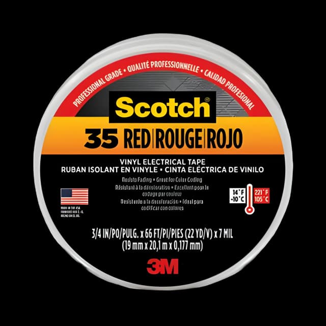 Scotch 35 Vinyl Electrical Color Coding Tape, 3" Core, 0.75" x 66 ft, Red