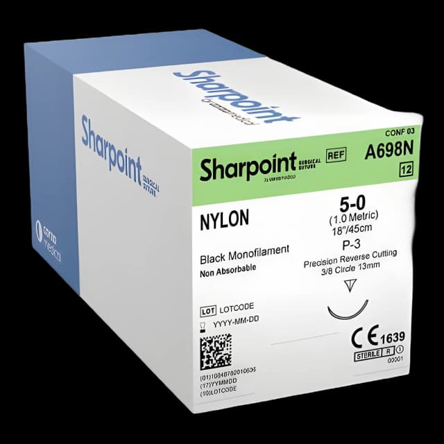 Nonabsorbable Suture with Needle Surgical Specialties™ Nylon DSM13 3/8 Circle Precision Reverse Cutting Needle Size 5 - 0 Monofilament