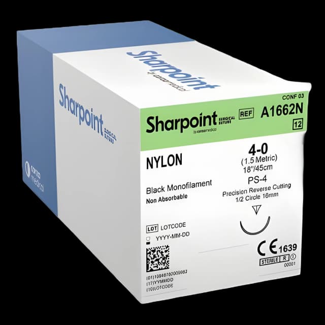 Nonabsorbable Suture with Needle Surgical Specialties™ Nylon HSM16 1/2 Circle Precision Reverse Cutting Needle Size 4 - 0 Monofilament