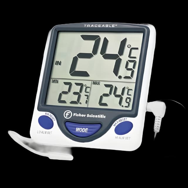 Digital Refrigerator / Freezer Thermometer with Alarm Fisherbrand™ Traceable® Fahrenheit / Celsius -58° to +158°F (-50° to +70°C) External Sensor / Bottle Probe Flip-out Stand / Wall Mount Battery Operated