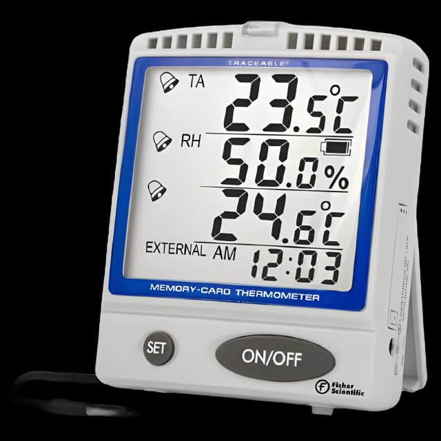 Datalogging Refrigerator / Freezer Thermometer / Hygrometer with Alarm Fisherbrand™ Traceable® Fahrenheit / Celsius -22° to +158°F (-30° to +70°C) Internal Sensor / Stainless Steel Probe Multiple Mounting Options Battery Operated