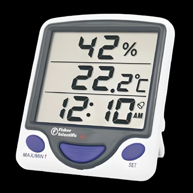 Digital Thermometer / Hygrometer Fisherbrand™ Fahrenheit / Celsius -58° to +158°F (-50° to +70°C) Internal Sensor Flip-out Stand Battery Operated