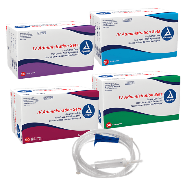 Primary IV Administration Set Dynarex Gravity 1 Port 20 Drops / mL Drip Rate Without Filter 92 Inch Tubing Solution Without Flow