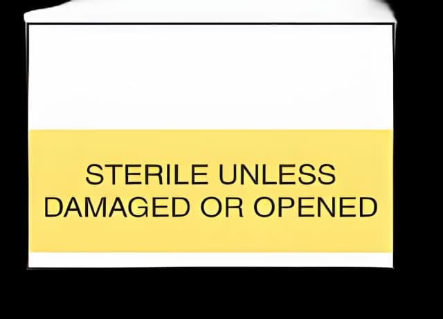 Pre-Printed Label Advisory Label Yellow Paper Sterile Unless Damaged Or Opened Black Safety and Instructional 15-16 X 5/8 Inch