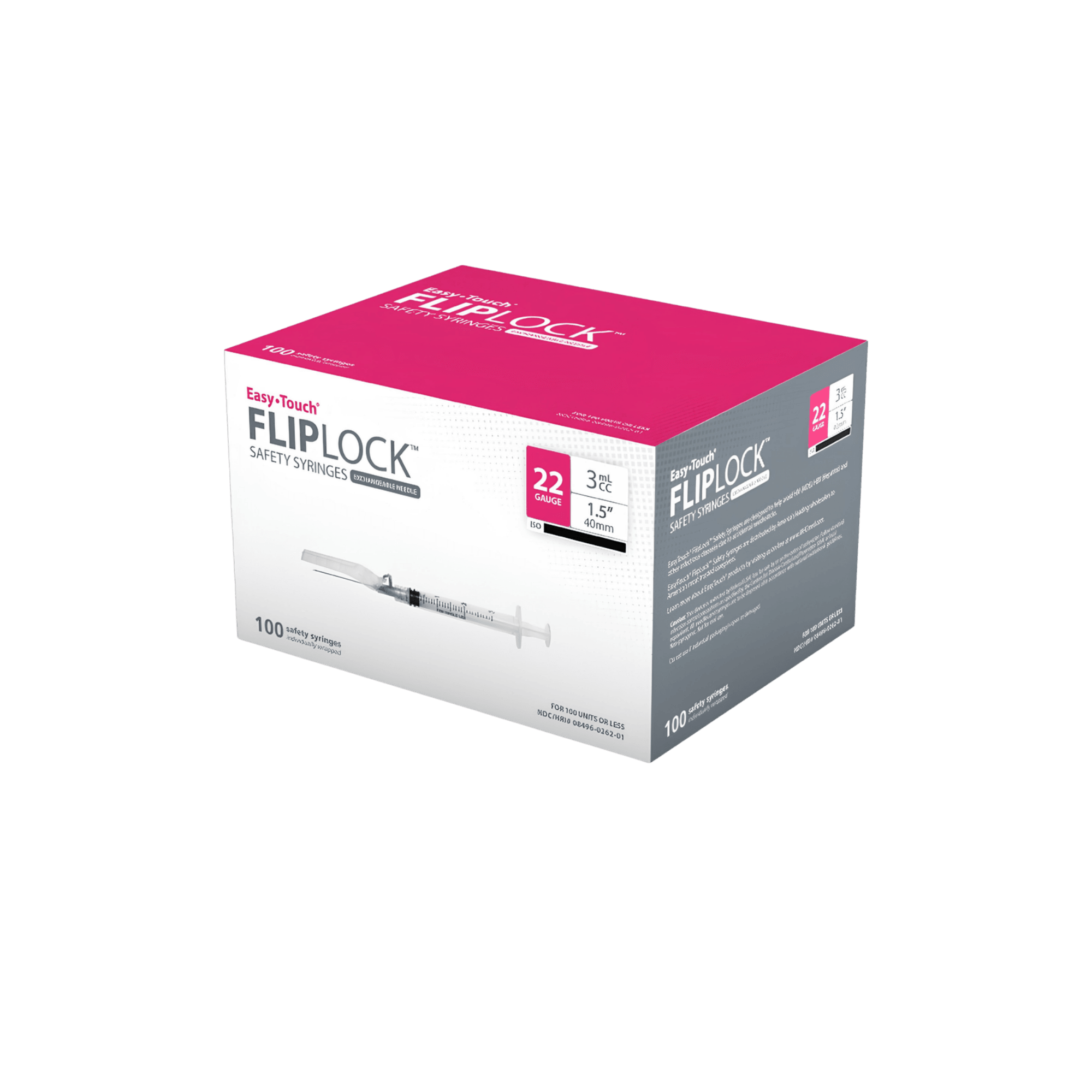 Safety Syringes with needle 22g, 3mL 1.5" Easy Touch Fliplock