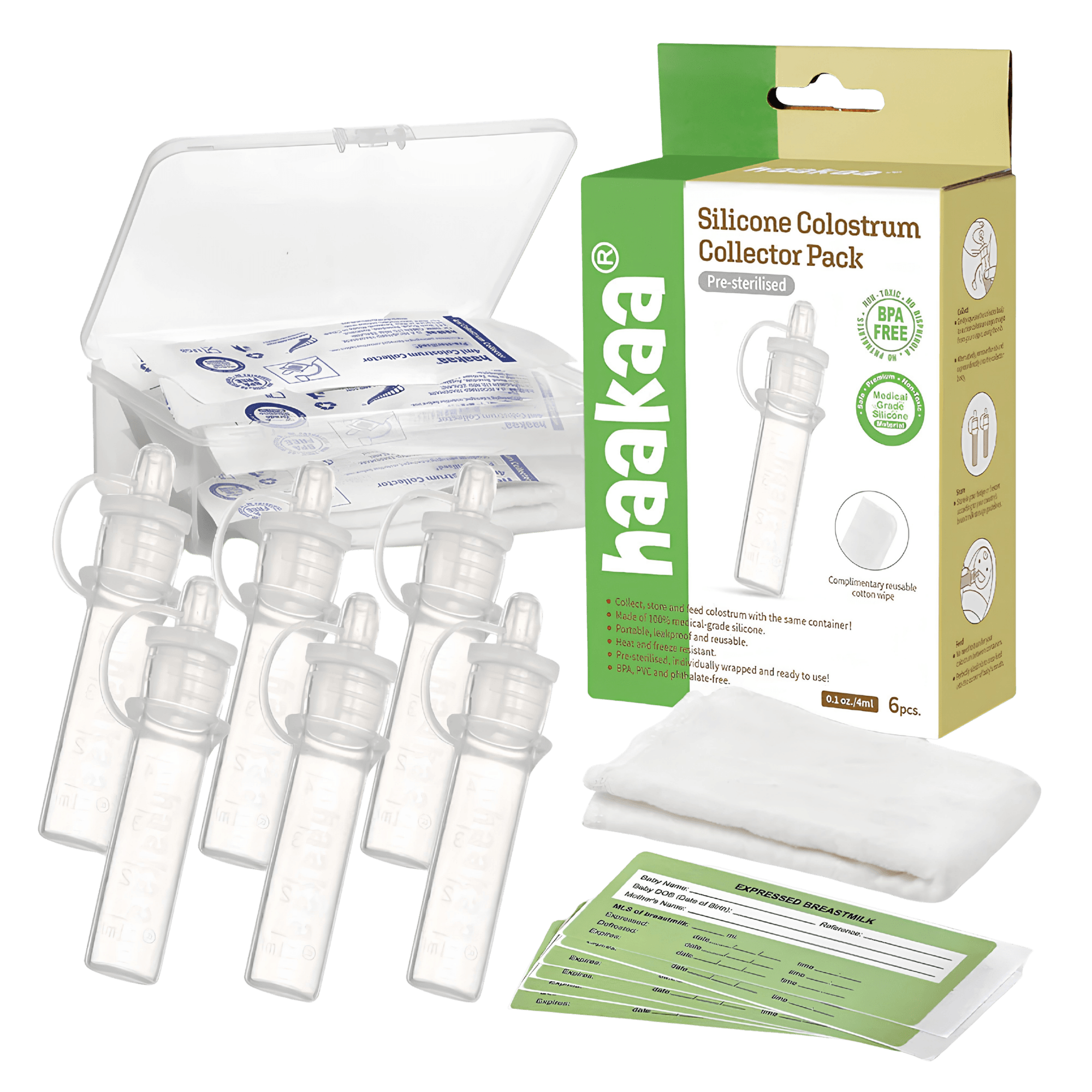 Silicone Colostrum Collector Set — 6pc + Storage Case + Cotton Wipe (Pre-Sterilized)