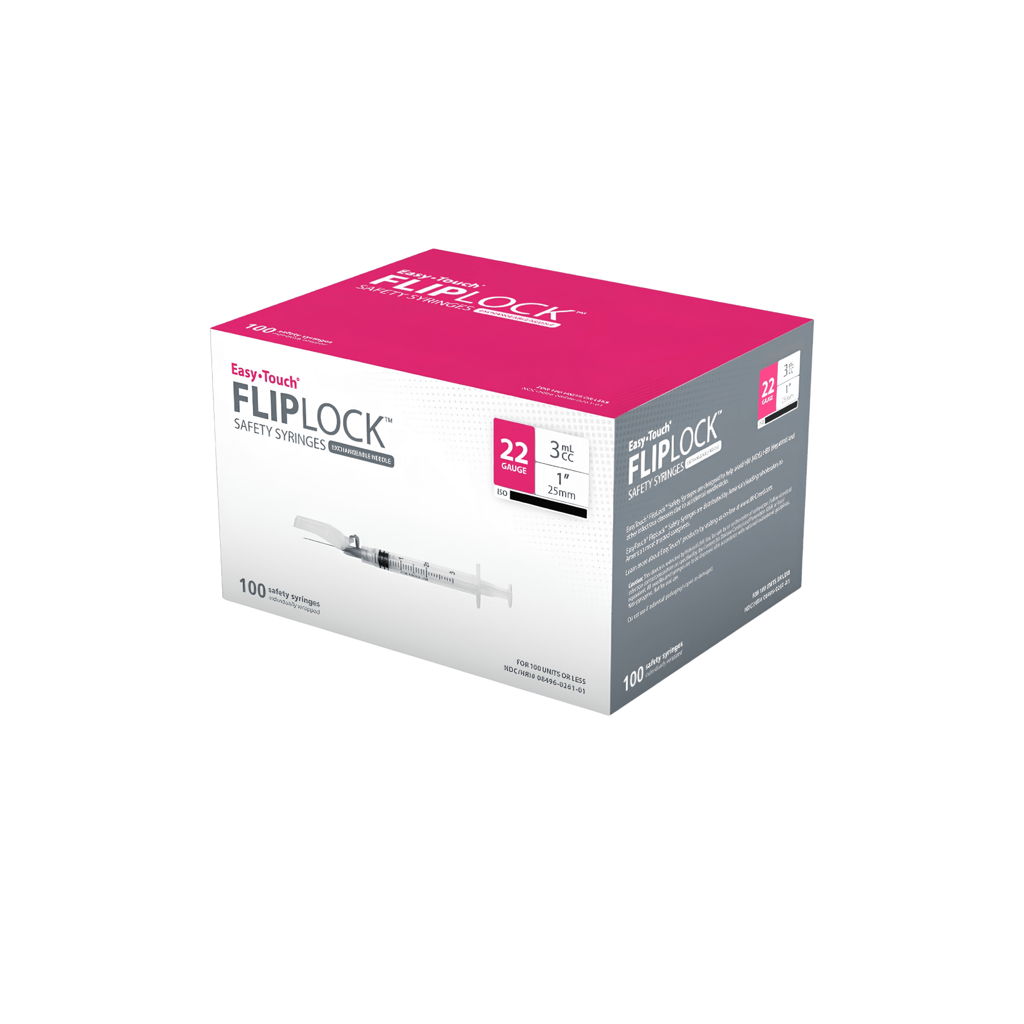 Safety Syringes with needle 22g, 3mL 1" Easy Touch Fliplock