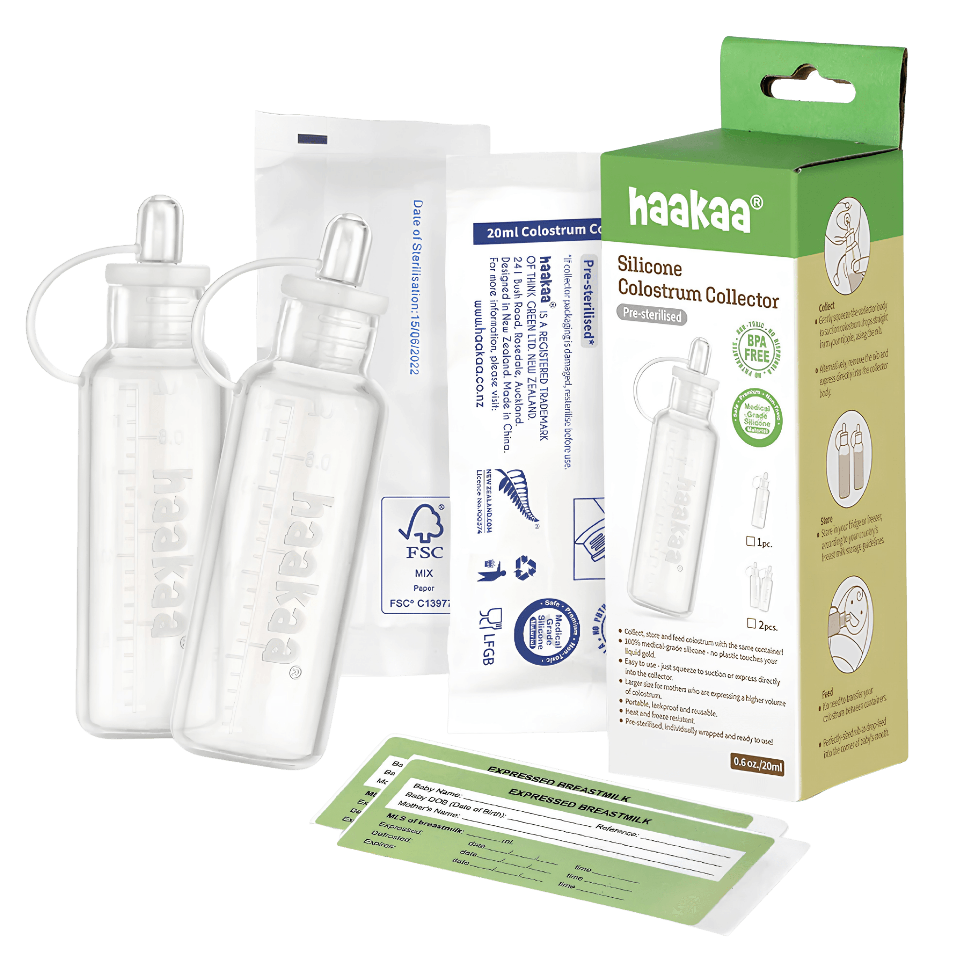 Silicone Colostrum Collector 20ml — 2pcs (Pre-Sterilized) + Date Stickers