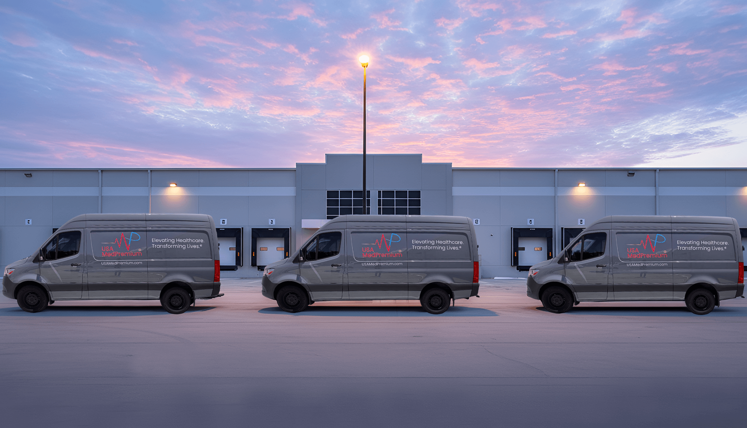 USA MedPremium fleet of delivery vans at distribution center