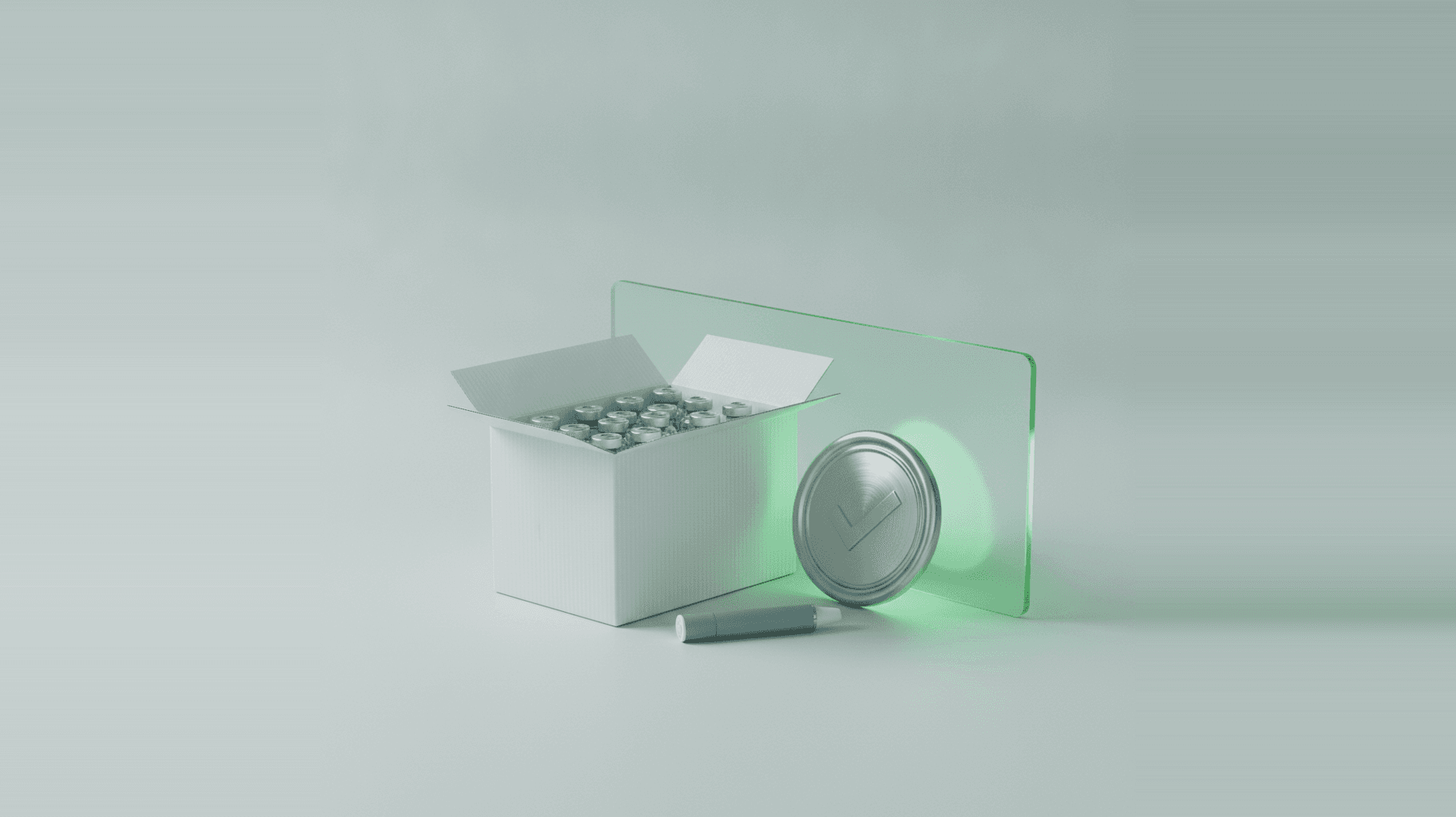 A sealed box of medication beside a glowing green verification checkmark seal and a glass panel — representing a licensed, DSCSA-authorized trading partner.
