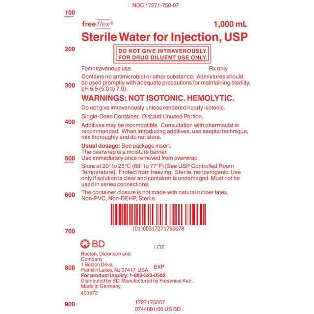 BD™ Diluent Sterile Water for Injection, Preservative Free Injection Flexible Bag 1,000 mL