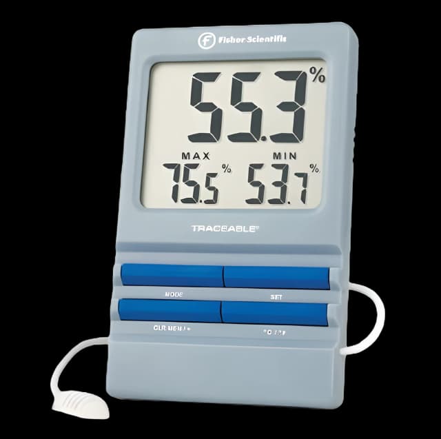 Digital Thermometer / Hygrometer with Alarm Fisherbrand™ Traceable® Fahrenheit / Celsius 32° to 140°F (0° to 60°C) Internal Sensor / External Probe Flip-out Stand / Wall Mount Battery Operated