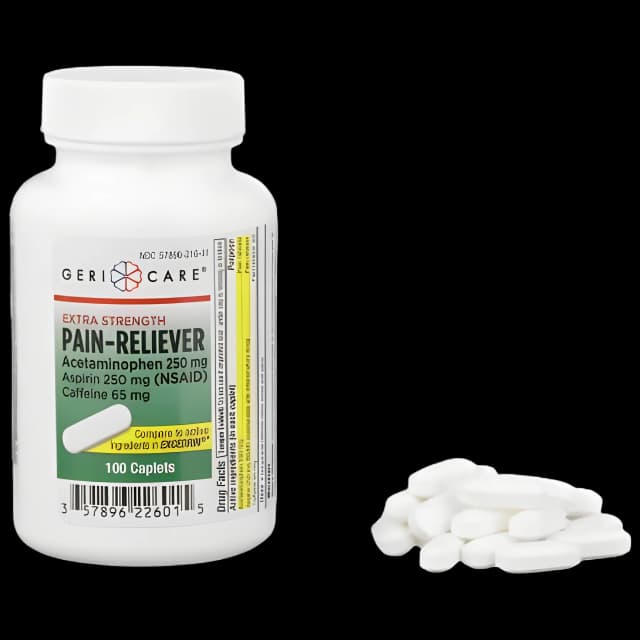 Pain Relief McKesson Brand 250 mg - 250 mg - 65 mg Strength Acetaminophen / Aspirin / Caffeine Caplet 100 per Bottle